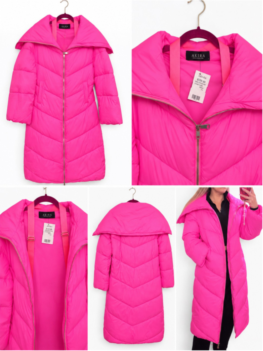 AKIRA Hot Pink Long Puffer Coat Small Neon Fuchsia Oversized Winter Jacket NWT